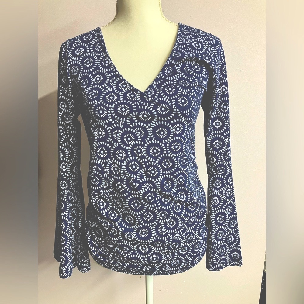 Zig Zag Organic Dandelion Women’s Top/Blouse, M, Bell Sleeves, Navy Blue/White